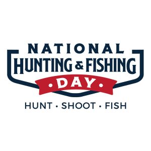 National Hunting and Fishing Day logo. Text underneath reads "Hunt, shoot, fish"