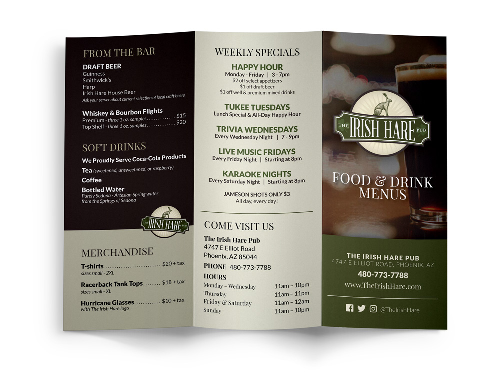 The Irish Hare Pub Tri-fold Menu