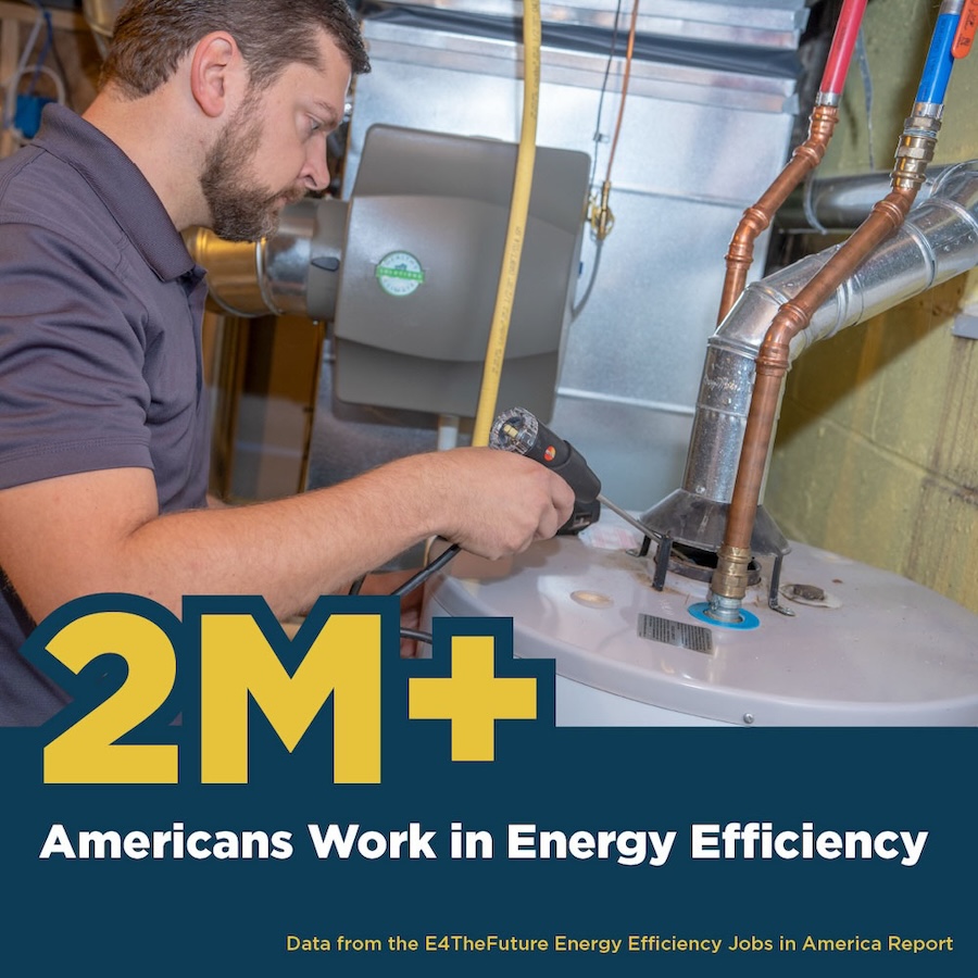 Building Performance Association social graphic - A man working on a water heater and text on the bottom that reads, "2M+ Americans Work in Energy Efficiency"