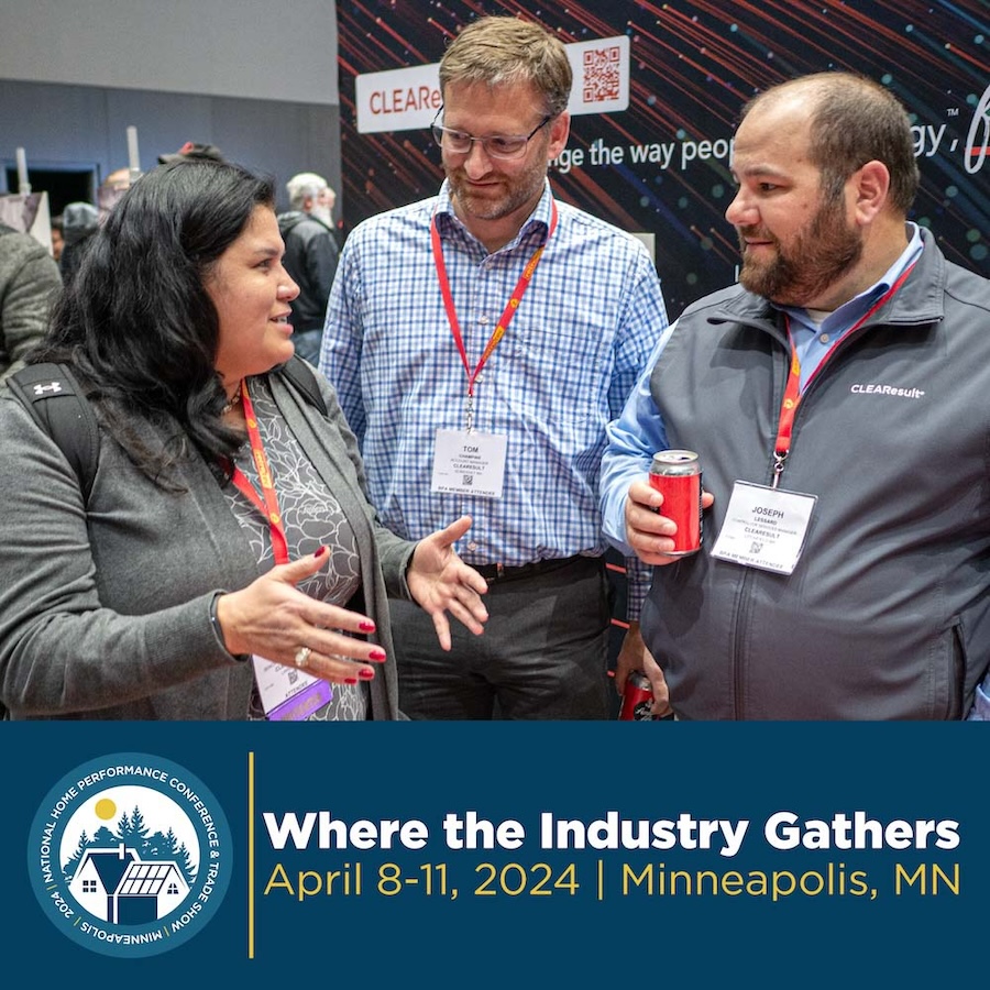 Building Performance Association social graphic - A photo of three attendees at a conference networking. On the bottom, the NHPC24 logo and text, "where the industry gathers, April 8-11, 2024, Minneapolis, MN"