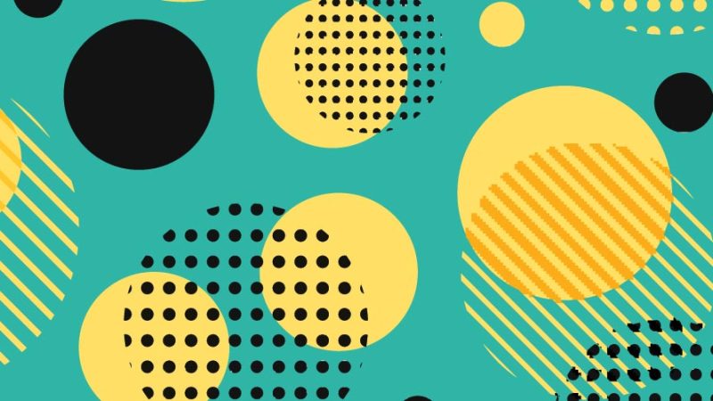 Turquoise background graphic with lots of different yellow and black circles