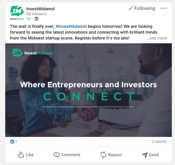 Invest Midwest Linkedin social media post where entrepreneurs and investors connect