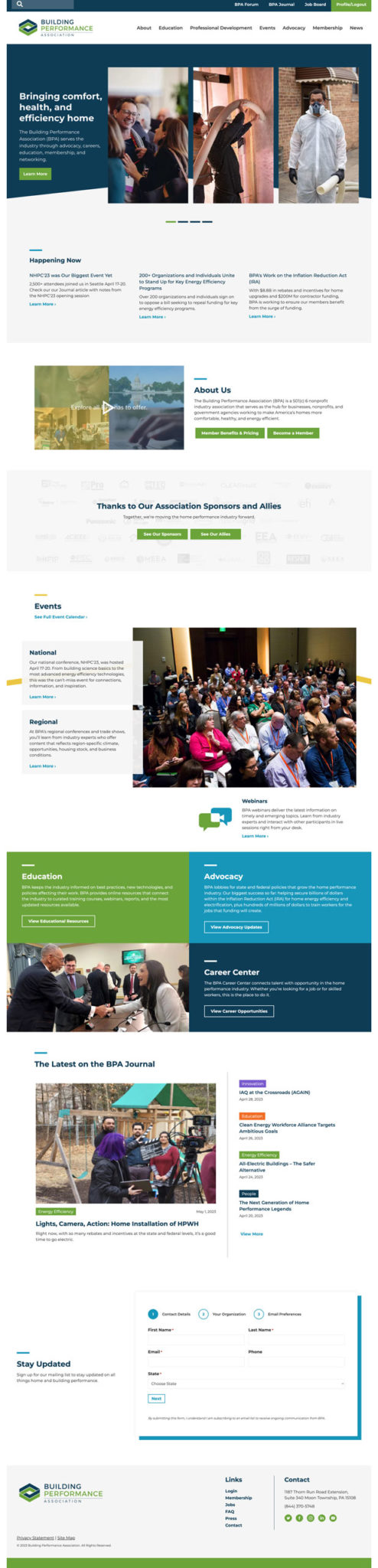 Building Performance Association website design, home page