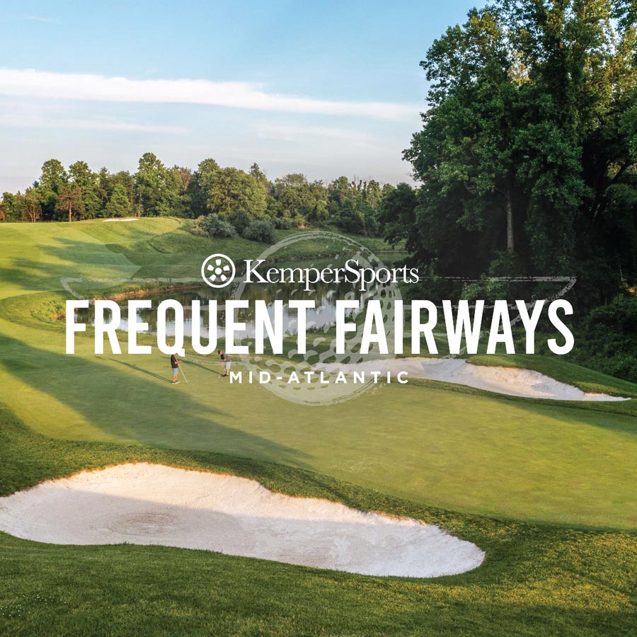 Graphic of a golf course. Text on top reads, "Kemper Sports, Frequent Fairways Mid-Atlantic."