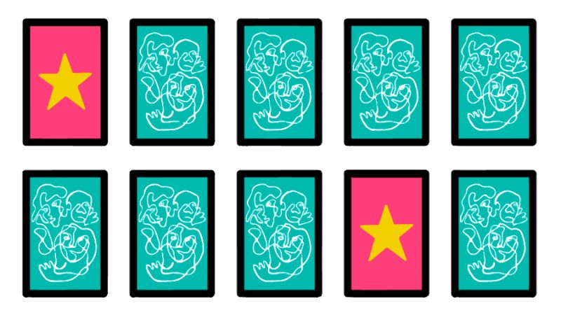 Illustrations of playing cards. 8 have backs of turquoise with face line drawings, and 2 have a pink background with yellow stars.