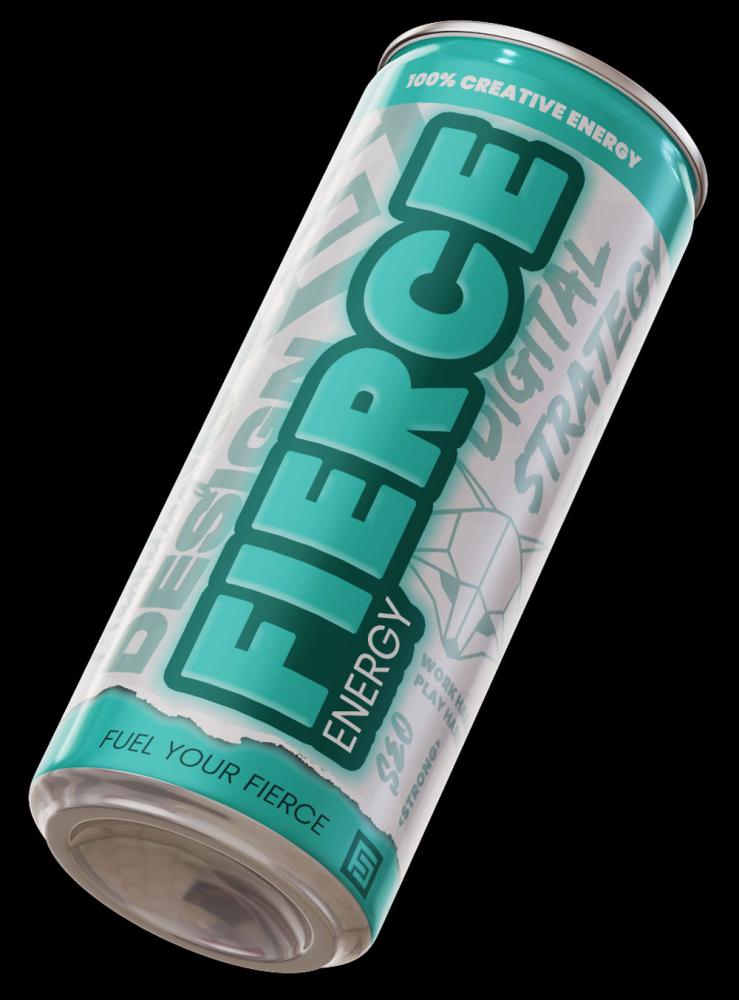 Graphic of a Fierce Branded Energy drink on a black background