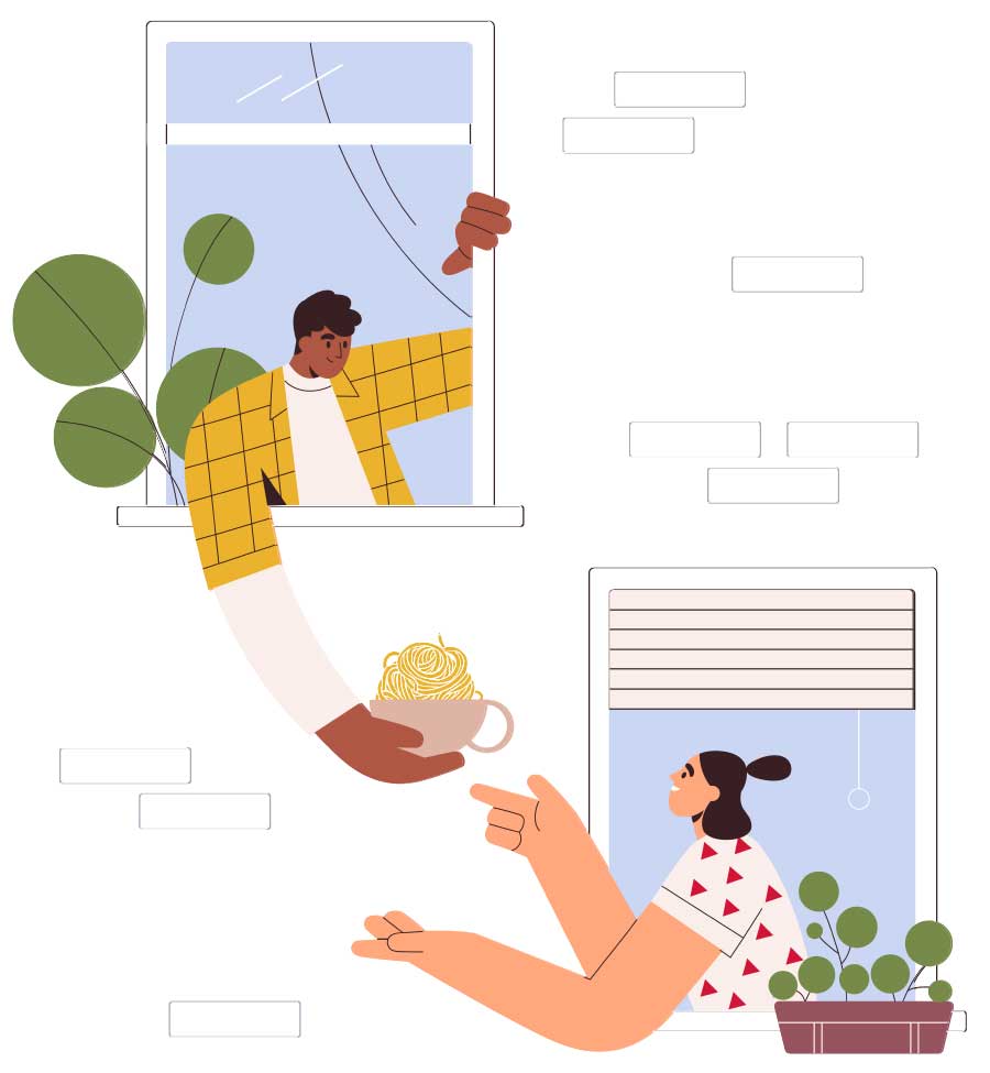 Illustration of two windows, one with a man and the other with a woman. The man is reaching down and handing the woman a bowl of noodles.