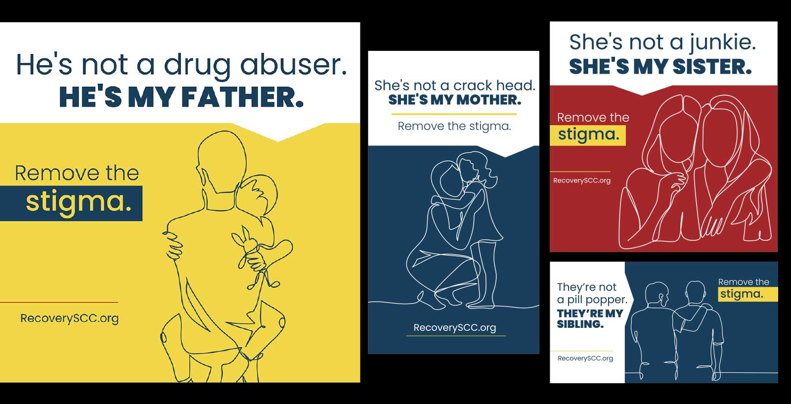 Four Recovery SCC graphics, all with illustrations of people. The topic is removing the stigma around substance use disorder.
