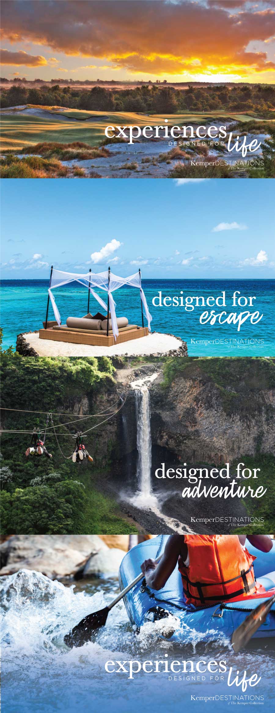 Set of four KemperSports/KemperDestinations ads all on top of each other. One sunset, one ocean view, one waterfall and zip line view, and one rafting
