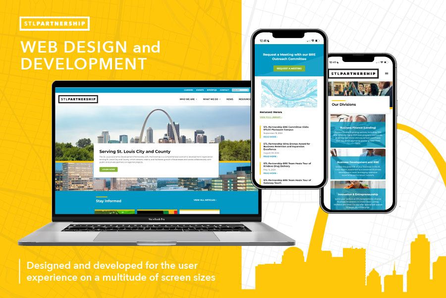 A page with elements from STL Partnership's brand. A laptop shows the web home page and two phones show the mobile view of the website.