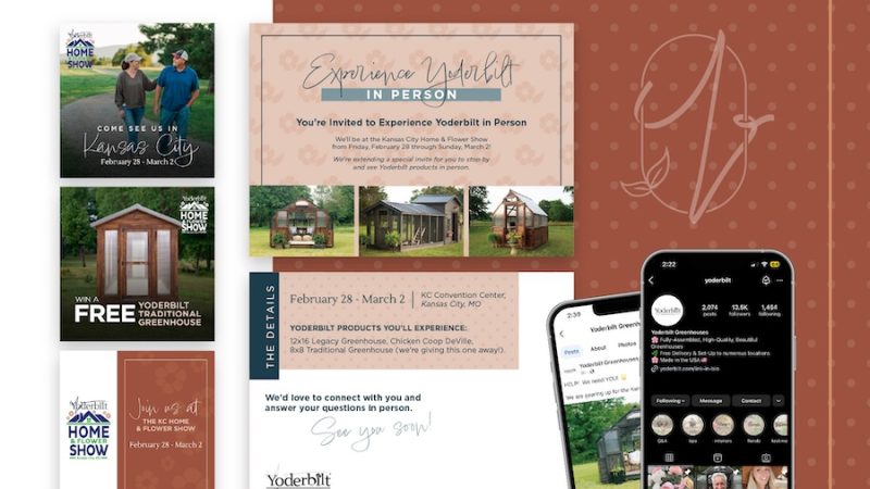 Mockup of assets used to promote Yoderbilt's booth at the 2025 Kansas City Home & Flower Show. Social media screenshot, graphics and a postcard.
