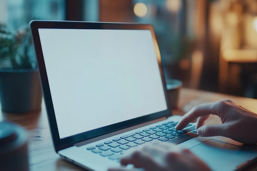 Fingers,Typing,Blank,White,Screen,Laptop.,For,Mockup,Business Hands typing on a laptop