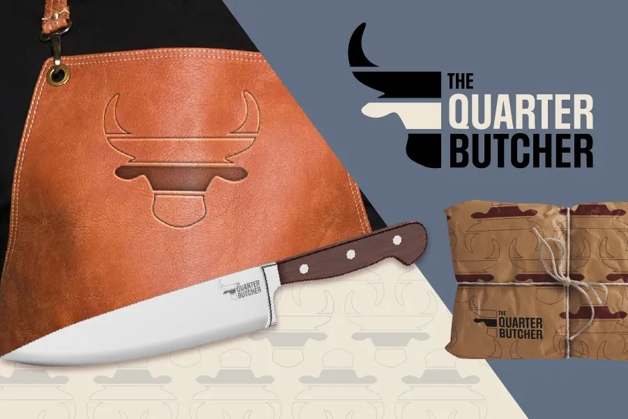 The Quarter Butcher Portfolio Features - Graphic with apron, knife, and packaging