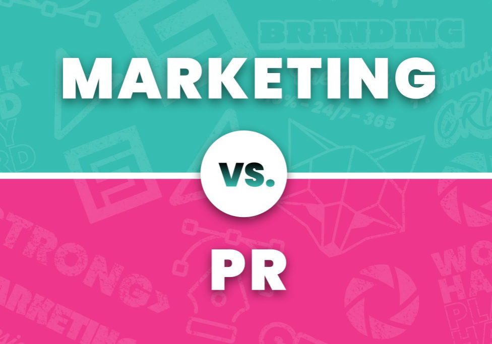 Teal and pink graphic "Marketing Vs. PR