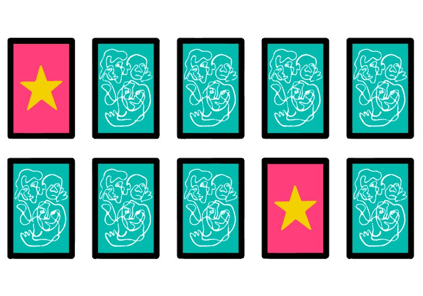 Illustrations of playing cards. 8 have backs of turquoise with face line drawings, and 2 have a pink background with yellow stars.
