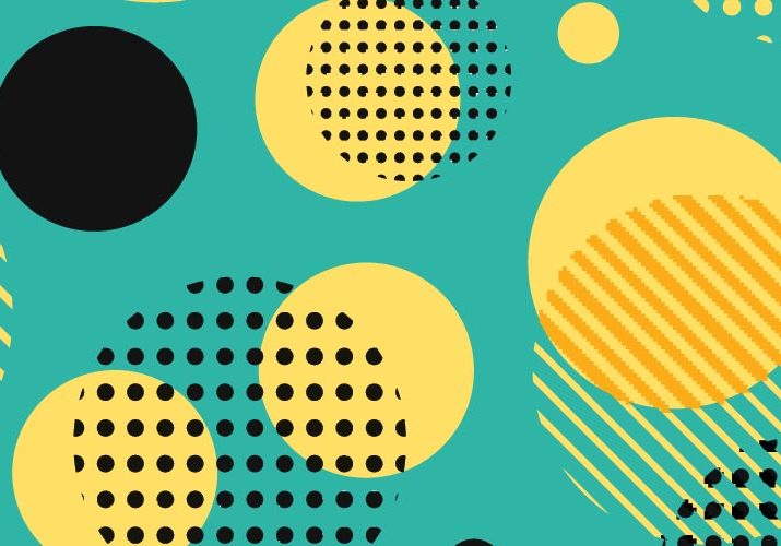 Turquoise background graphic with lots of different yellow and black circles